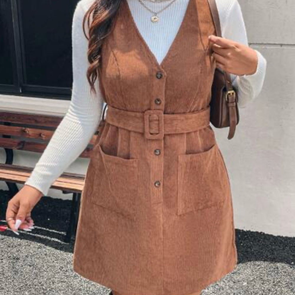 SHEIN Brown Corduroy Button Down Mini Dress